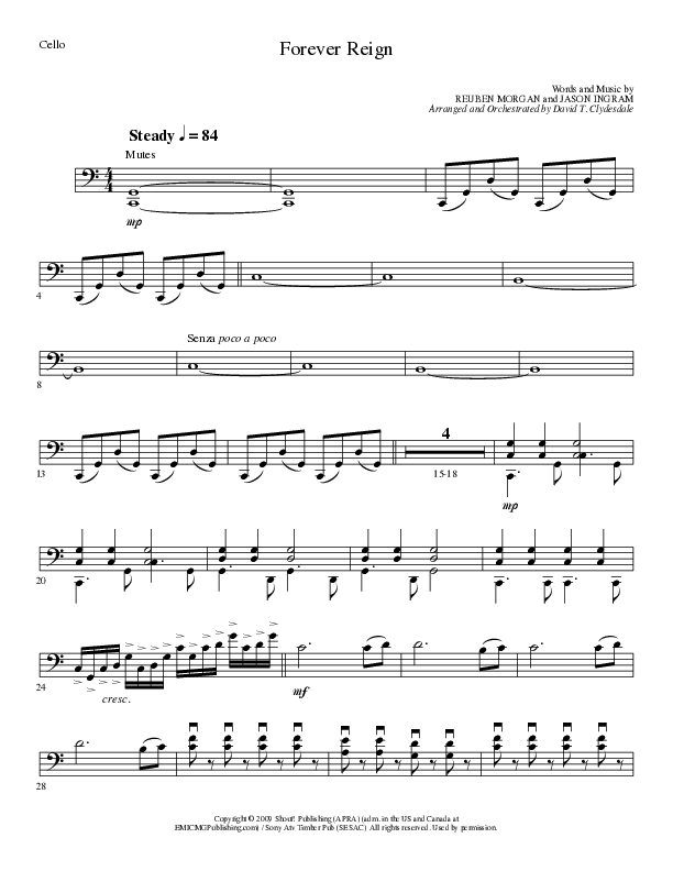 Forever Reign (Choral Anthem SATB) Cello (Lillenas Choral / Arr. David Clydesdale)