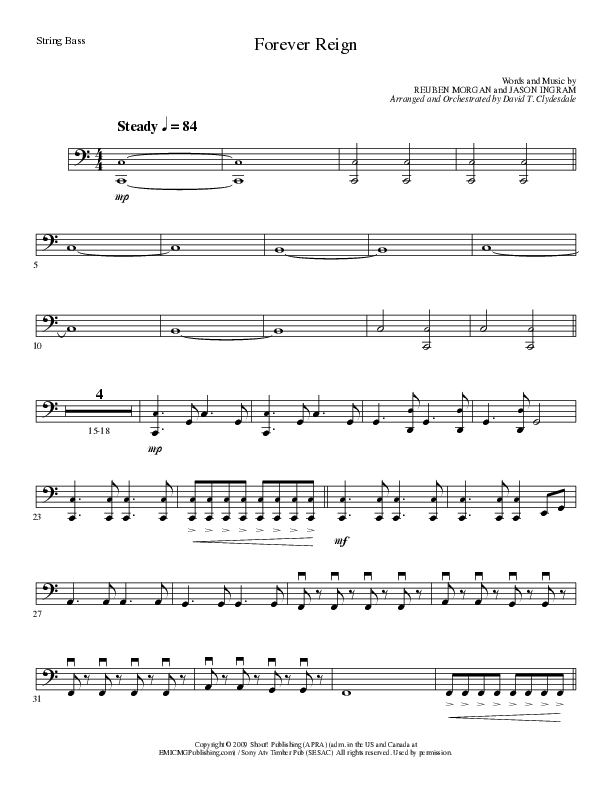 Forever Reign (Choral Anthem SATB) String Bass (Lillenas Choral / Arr. David Clydesdale)