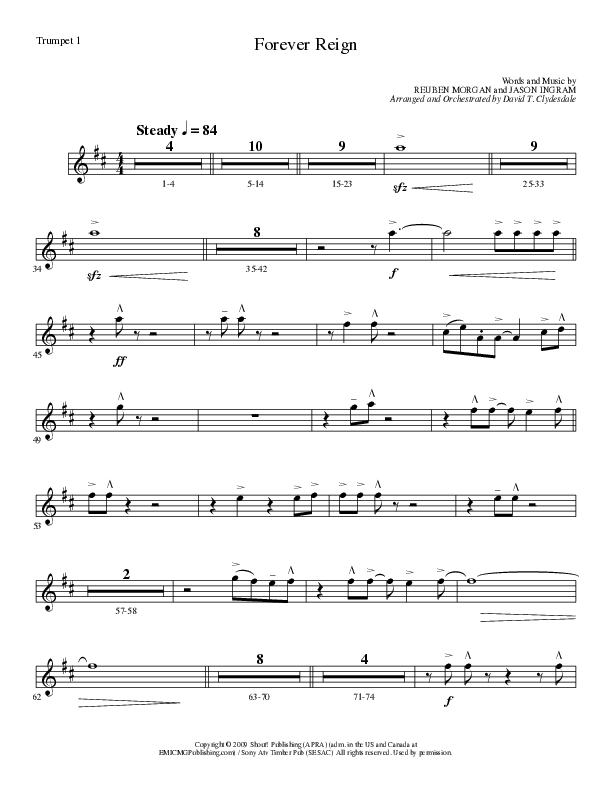 Forever Reign (Choral Anthem SATB) Trumpet 1 (Lillenas Choral / Arr. David Clydesdale)
