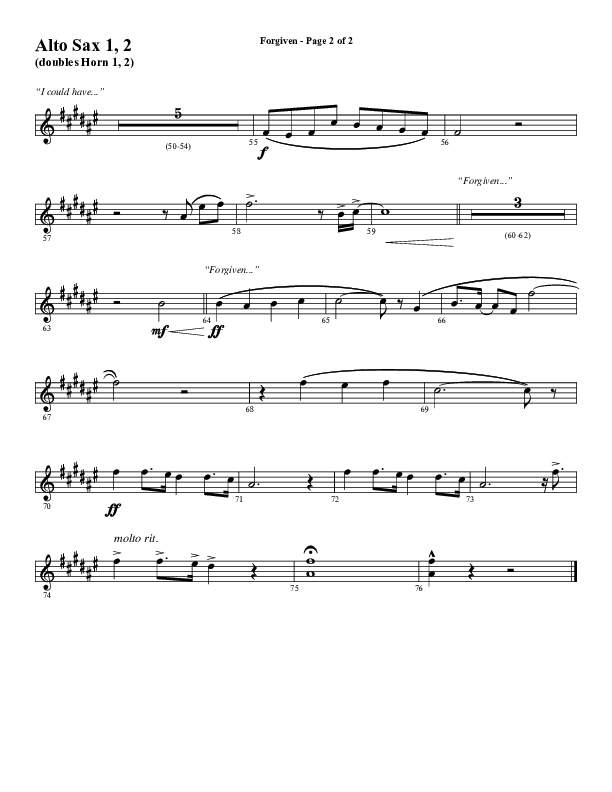 Forgiven (Choral Anthem SATB) Alto Sax 1/2 (Word Music / Arr. Daniel Semsen)