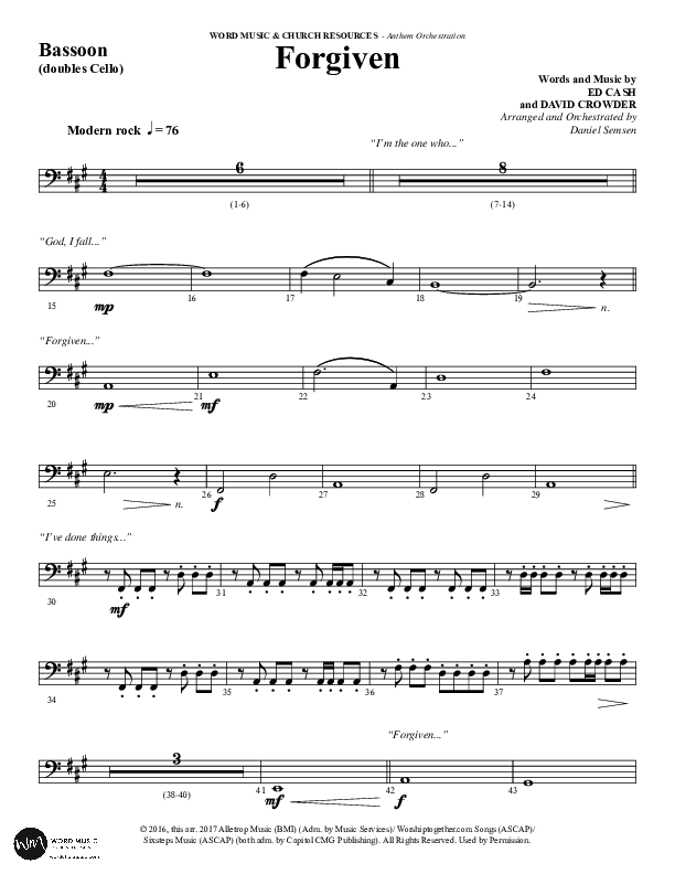 Forgiven (Choral Anthem SATB) Bassoon (Word Music / Arr. Daniel Semsen)