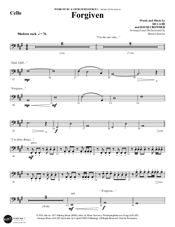 Forgiven (Choral Anthem SATB) Cello (Word Music / Arr. Daniel Semsen)
