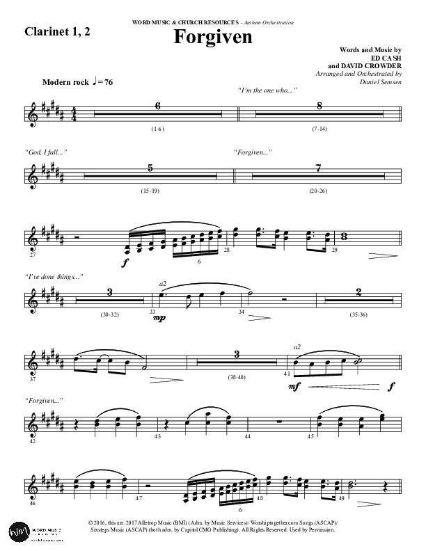 Forgiven (Choral Anthem SATB) Clarinet 1/2 (Word Music / Arr. Daniel Semsen)