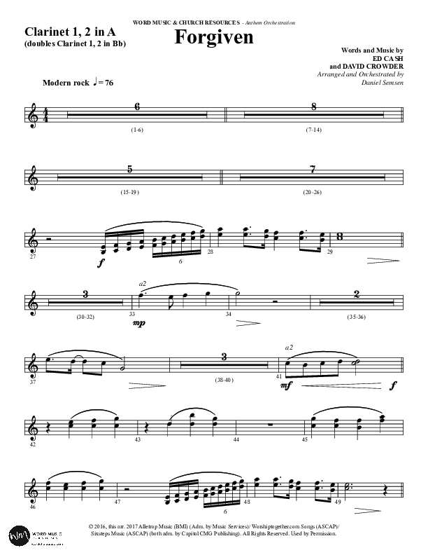 Forgiven (Choral Anthem SATB) Clarinet 1/2 (Word Music / Arr. Daniel Semsen)