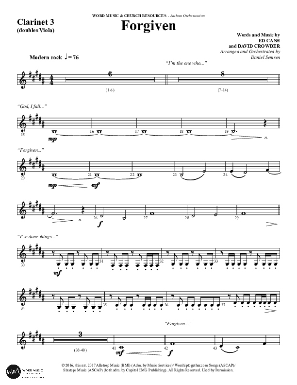 Forgiven (Choral Anthem SATB) Clarinet 3 (Word Music / Arr. Daniel Semsen)