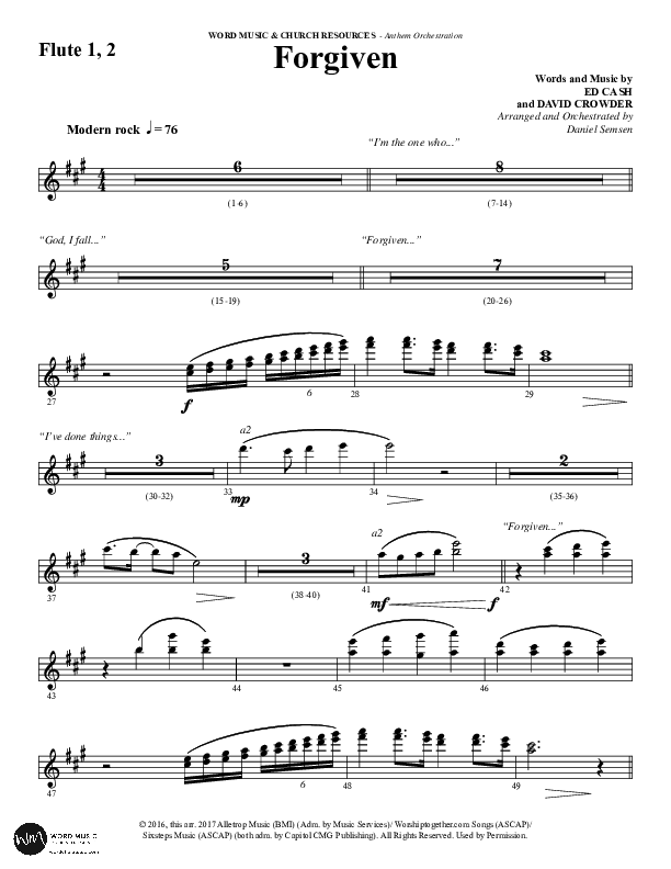 Forgiven (Choral Anthem SATB) Flute 1/2 (Word Music / Arr. Daniel Semsen)