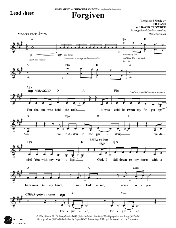 Forgiven (Choral Anthem SATB) Lead Sheet (Melody) (Word Music / Arr. Daniel Semsen)