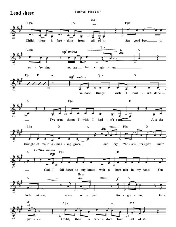 Forgiven (Choral Anthem SATB) Lead Sheet (Melody) (Word Music / Arr. Daniel Semsen)