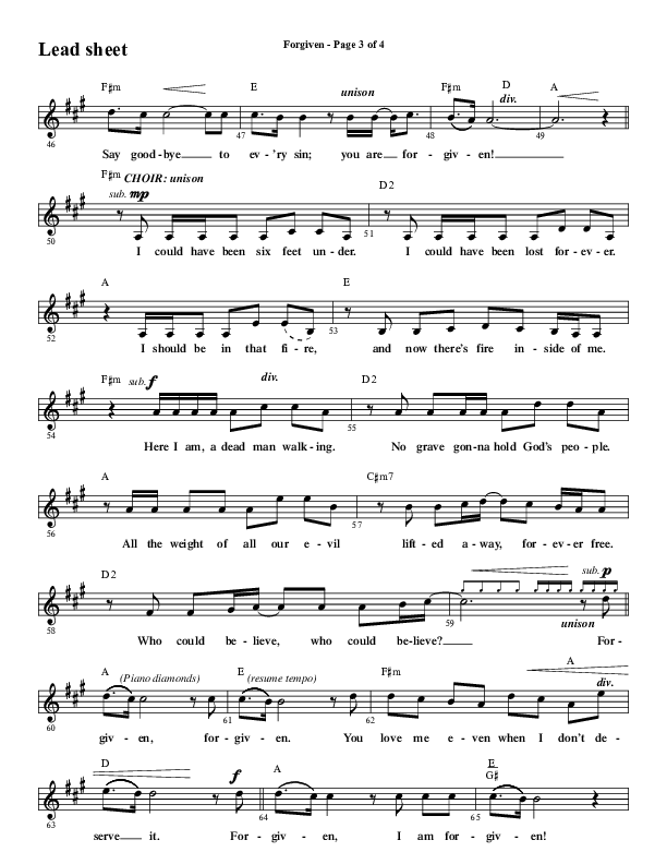 Forgiven (Choral Anthem SATB) Lead Sheet (Melody) (Word Music / Arr. Daniel Semsen)