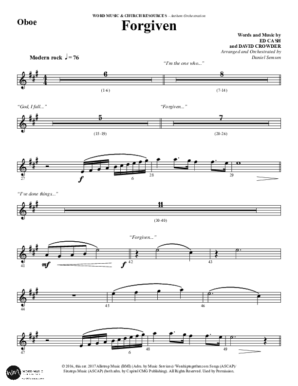 Forgiven (Choral Anthem SATB) Oboe (Word Music / Arr. Daniel Semsen)
