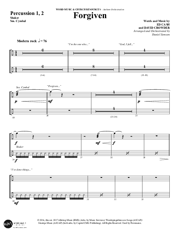 Forgiven (Choral Anthem SATB) Percussion (Word Music / Arr. Daniel Semsen)