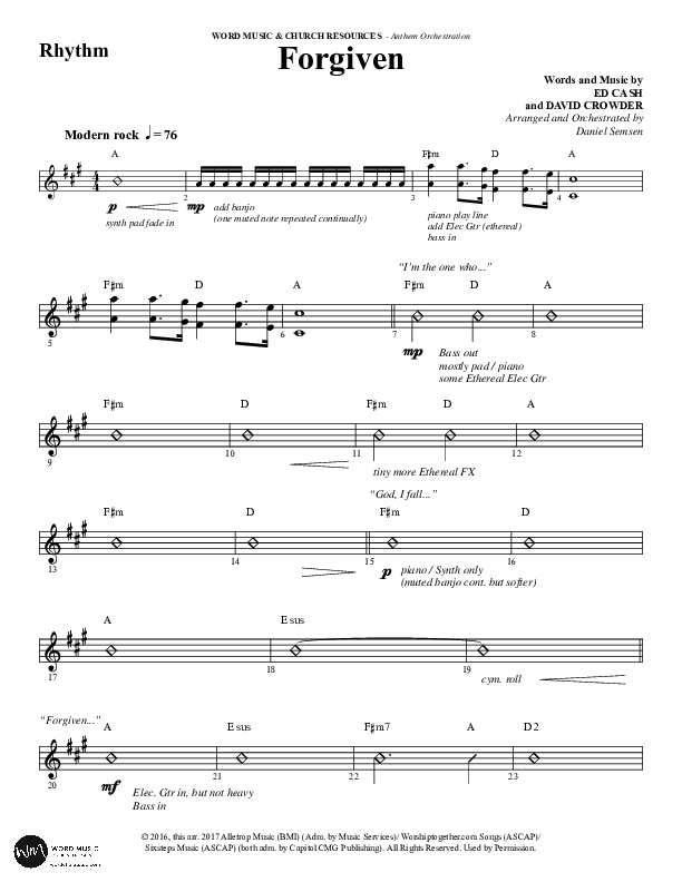 Forgiven (Choral Anthem SATB) Rhythm Chart (Word Music / Arr. Daniel Semsen)