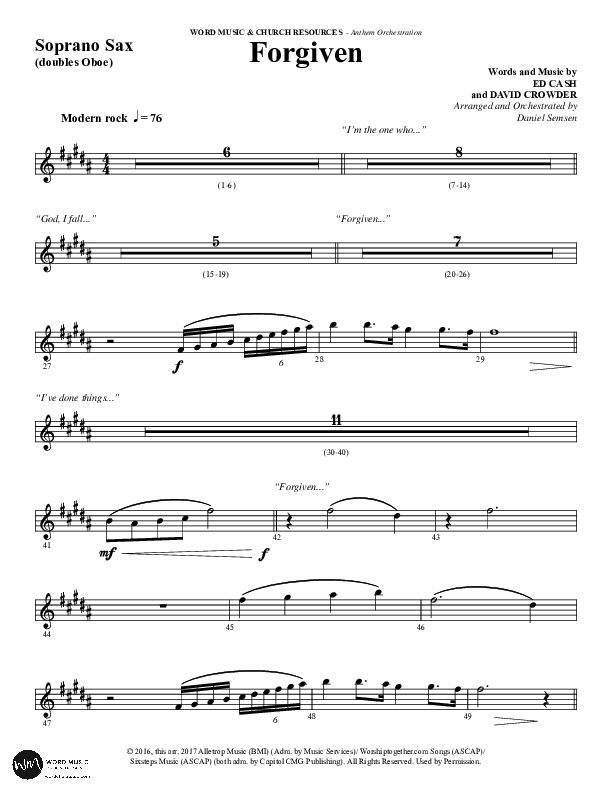 Forgiven (Choral Anthem SATB) Soprano Sax (Word Music / Arr. Daniel Semsen)