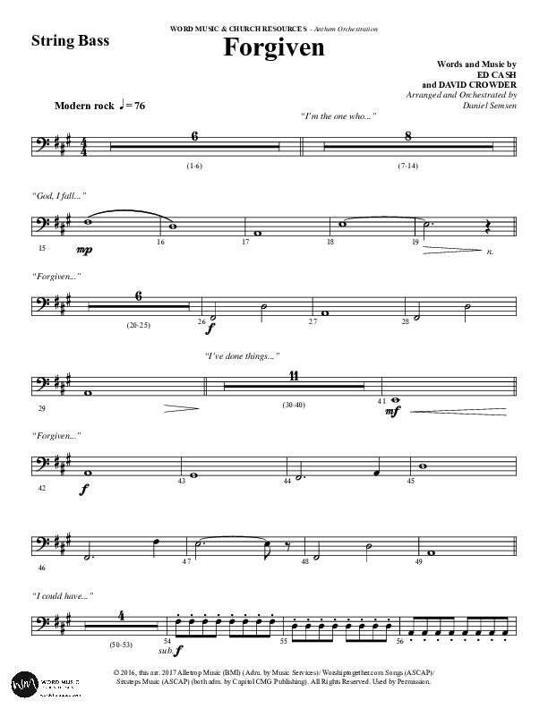 Forgiven (Choral Anthem SATB) String Bass (Word Music / Arr. Daniel Semsen)