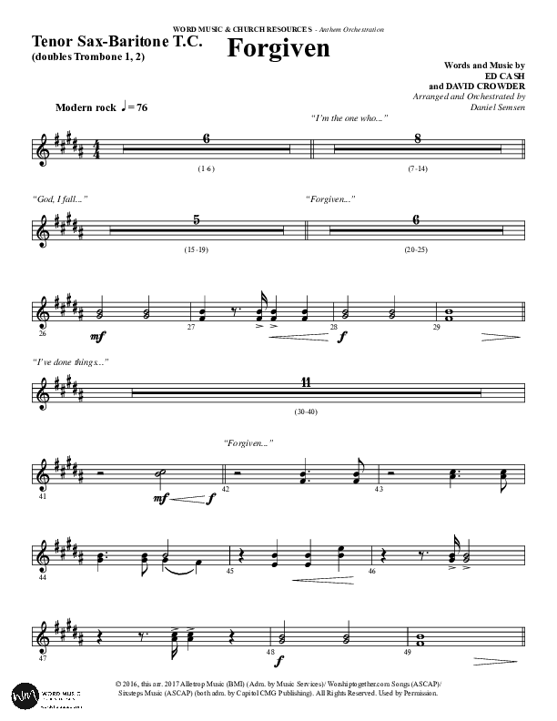 Forgiven (Choral Anthem SATB) Tenor Sax/Baritone T.C. (Word Music / Arr. Daniel Semsen)