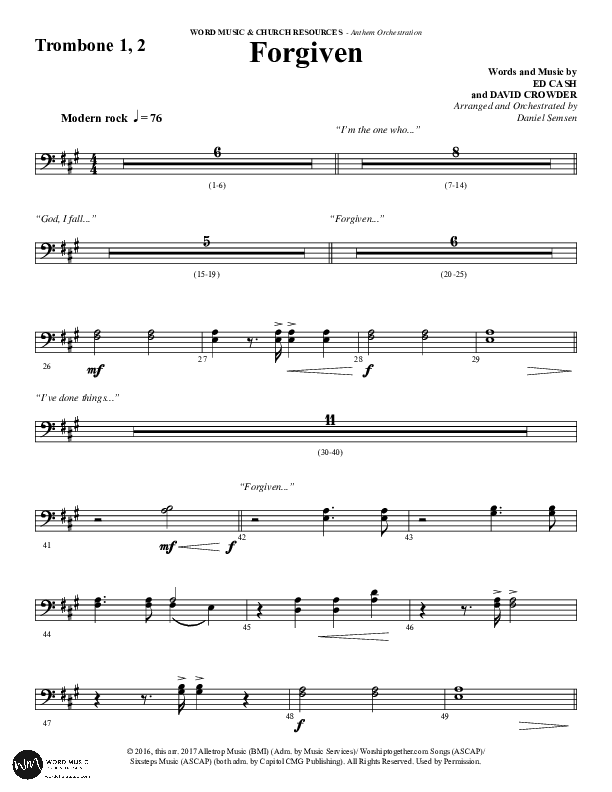 Forgiven (Choral Anthem SATB) Trombone 1/2 (Word Music / Arr. Daniel Semsen)