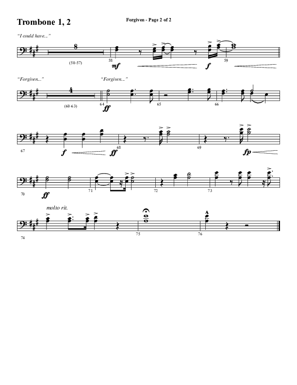 Forgiven (Choral Anthem SATB) Trombone 1/2 (Word Music / Arr. Daniel Semsen)