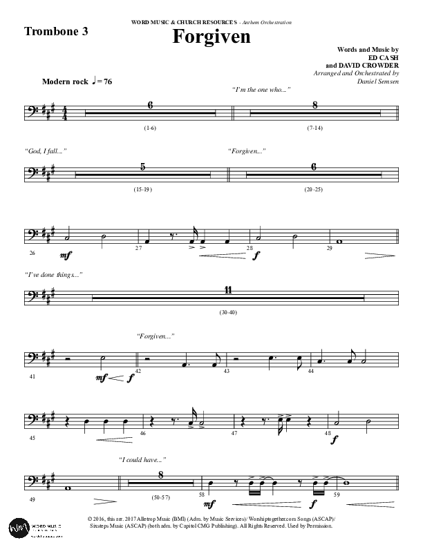 Forgiven (Choral Anthem SATB) Trombone 3 (Word Music / Arr. Daniel Semsen)