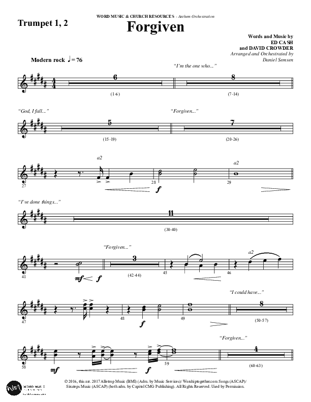 Forgiven (Choral Anthem SATB) Trumpet 1,2 (Word Music / Arr. Daniel Semsen)