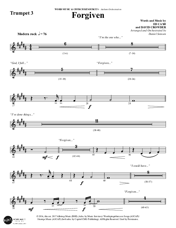 Forgiven (Choral Anthem SATB) Trumpet 3 (Word Music / Arr. Daniel Semsen)