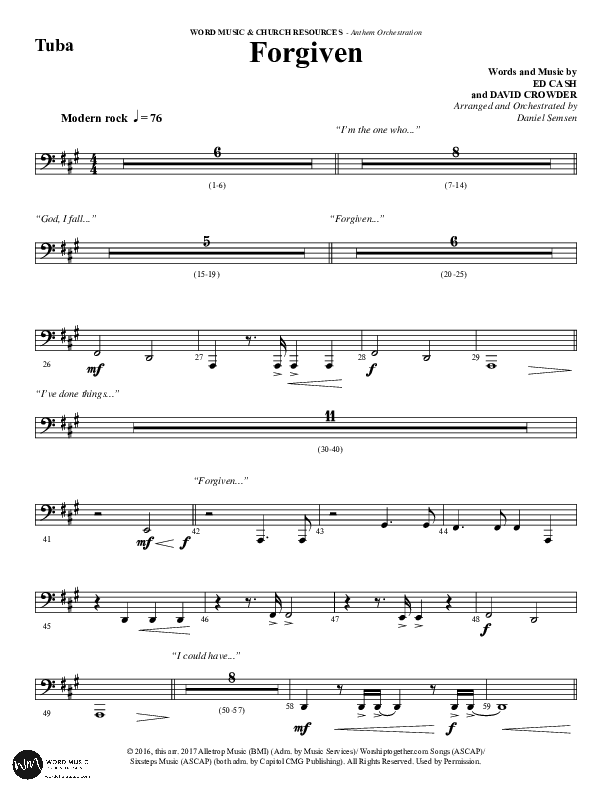 Forgiven (Choral Anthem SATB) Tuba (Word Music / Arr. Daniel Semsen)