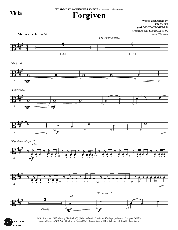 Forgiven (Choral Anthem SATB) Viola (Word Music / Arr. Daniel Semsen)