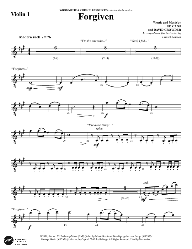 Forgiven (Choral Anthem SATB) Violin 1 (Word Music / Arr. Daniel Semsen)