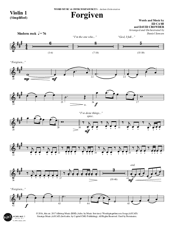 Forgiven (Choral Anthem SATB) Violin 1 (Word Music / Arr. Daniel Semsen)