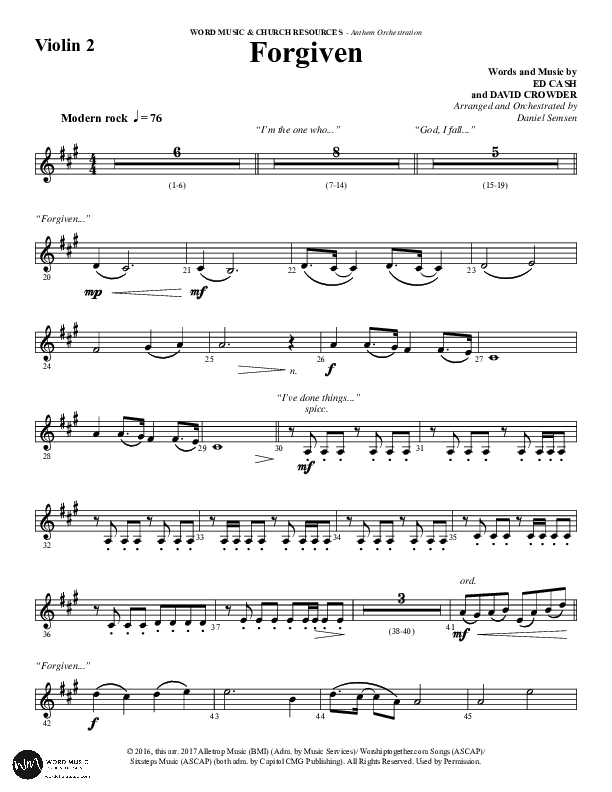 Forgiven (Choral Anthem SATB) Violin 2 (Word Music / Arr. Daniel Semsen)