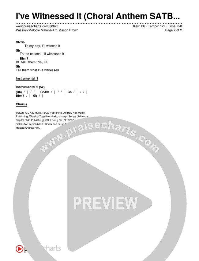 I've Witnessed It (Choral Anthem SATB) Chords & Lyrics (Passion / Melodie Malone / Arr. Mason Brown)