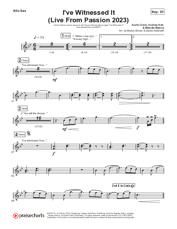 I've Witnessed It (Choral Anthem SATB) Alto Sax (Passion / Melodie Malone / Arr. Mason Brown)