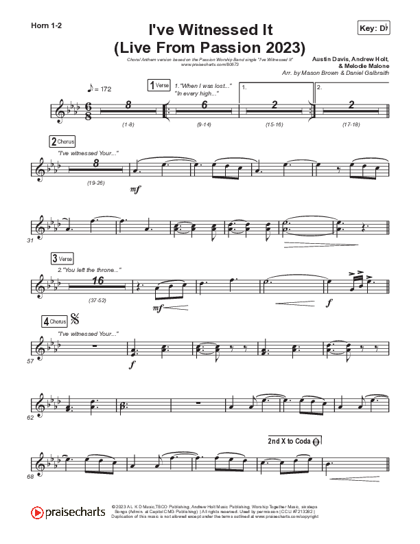 I've Witnessed It (Choral Anthem SATB) French Horn 1,2 (Passion / Melodie Malone / Arr. Mason Brown)