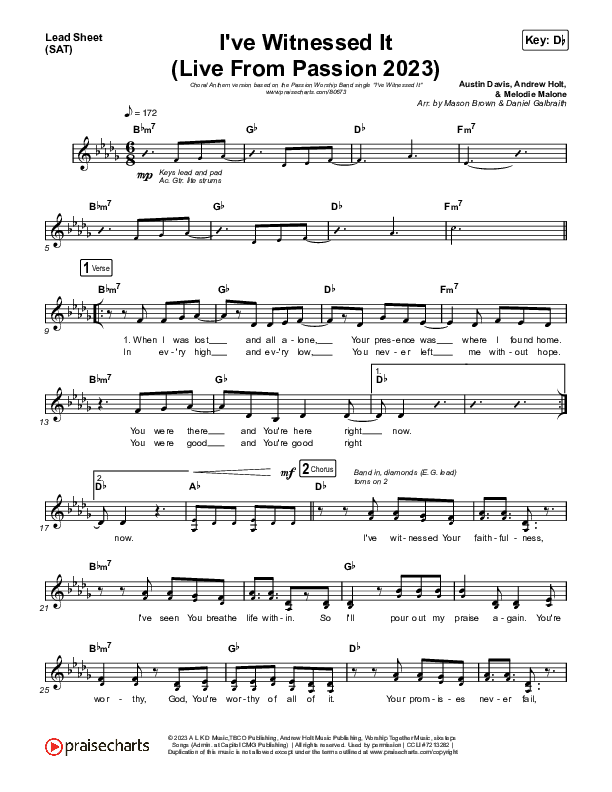 I've Witnessed It (Choral Anthem SATB) Lead Sheet (SAT) (Passion / Melodie Malone / Arr. Mason Brown)