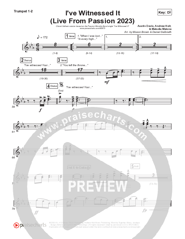 I've Witnessed It (Choral Anthem SATB) Trumpet 1,2 (Passion / Melodie Malone / Arr. Mason Brown)