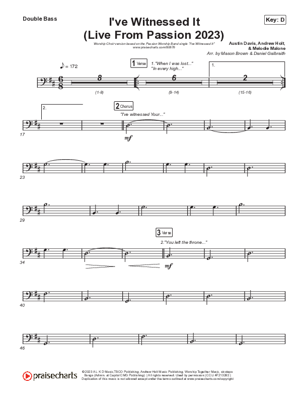 I've Witnessed It (Worship Choir/SAB) Double Bass (Passion / Melodie Malone / Arr. Mason Brown)