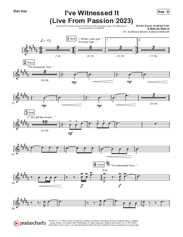 I've Witnessed It (Unison/2-Part) Bari Sax (Passion / Melodie Malone / Arr. Mason Brown)