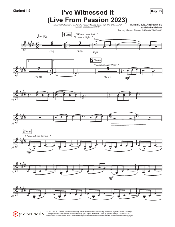I've Witnessed It (Unison/2-Part) Clarinet 1/2 (Passion / Melodie Malone / Arr. Mason Brown)