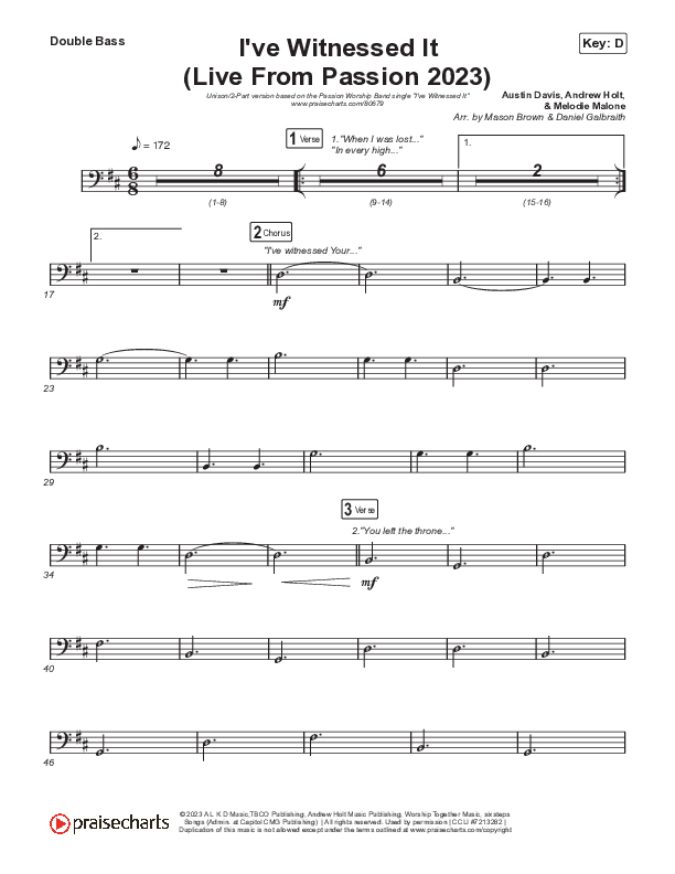 I've Witnessed It (Unison/2-Part) Double Bass (Passion / Melodie Malone / Arr. Mason Brown)