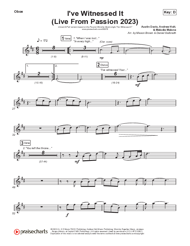 I've Witnessed It (Unison/2-Part) Oboe (Passion / Melodie Malone / Arr. Mason Brown)