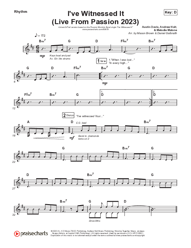 I've Witnessed It (Unison/2-Part) Rhythm Chart (Passion / Melodie Malone / Arr. Mason Brown)
