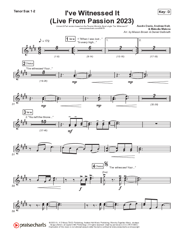 I've Witnessed It (Unison/2-Part) Tenor Sax 1/2 (Passion / Melodie Malone / Arr. Mason Brown)