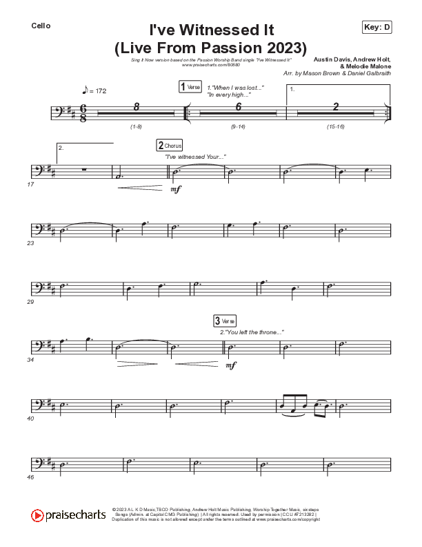 I've Witnessed It (Sing It Now) Cello (Passion / Melodie Malone / Arr. Mason Brown)