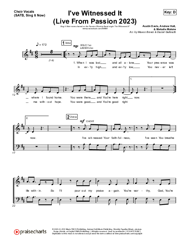 I've Witnessed It (Sing It Now) Choir Sheet (SATB) (Passion / Melodie Malone / Arr. Mason Brown)