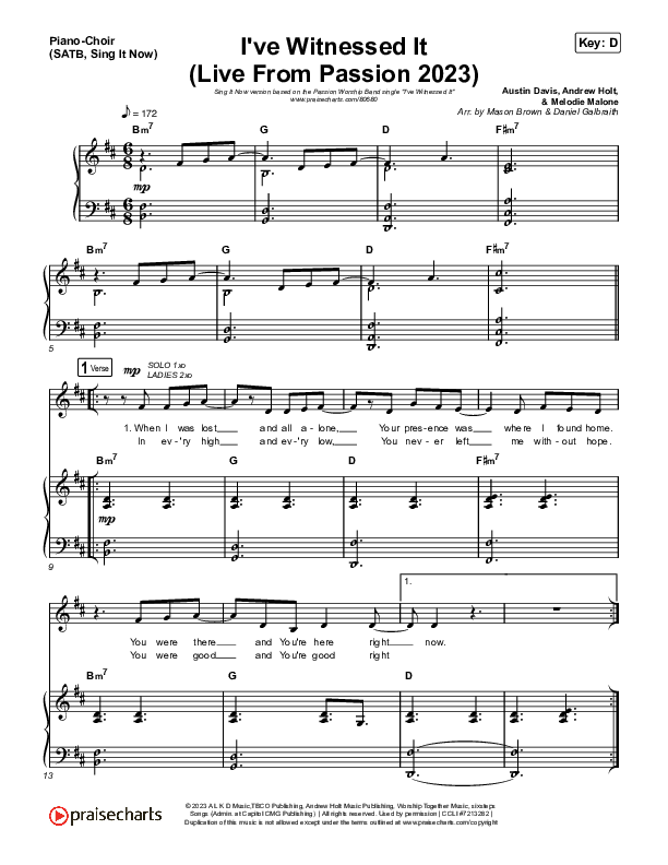 I've Witnessed It (Sing It Now) Piano/Choir (SATB) (Passion / Melodie Malone / Arr. Mason Brown)