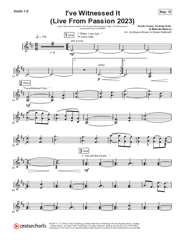 I've Witnessed It (Sing It Now) Violin 1/2 (Passion / Melodie Malone / Arr. Mason Brown)