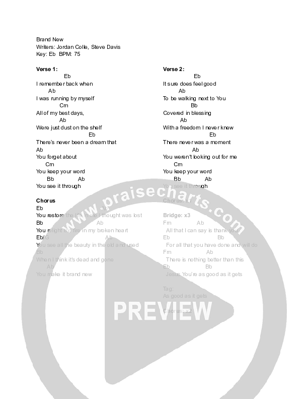 Brand New (Live) Chords PDF (Sons The Band / Steve Davis / Jordan Colle) -  PraiseCharts