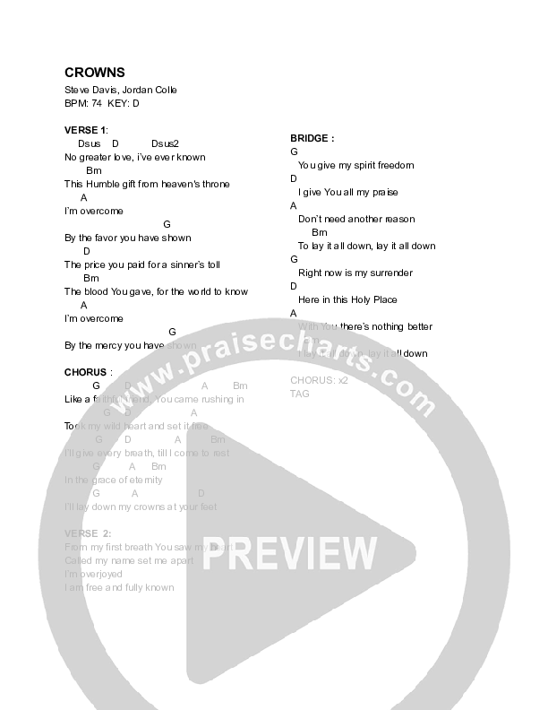 Crowns (Live) Chord Chart (Sons The Band / Steve Davis / Jordan Colle)