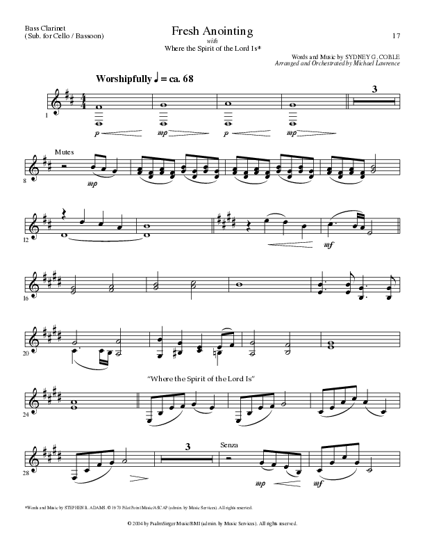 Fresh Anointing with Where The Spirit Of The Lord Is (Choral Anthem SATB) Bass Clarinet (Lillenas Choral / Arr. Michael Lawrence)