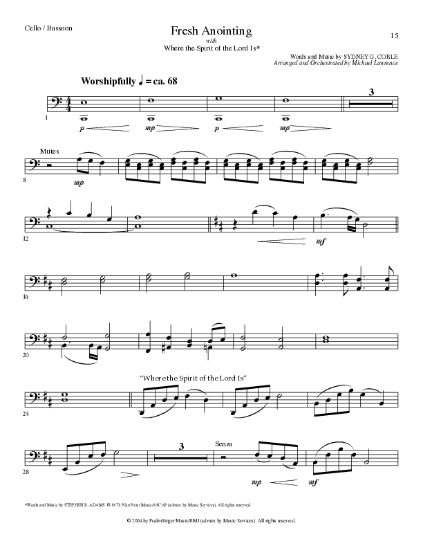 Fresh Anointing with Where The Spirit Of The Lord Is (Choral Anthem SATB) Cello (Lillenas Choral / Arr. Michael Lawrence)
