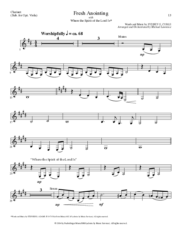 Fresh Anointing with Where The Spirit Of The Lord Is (Choral Anthem SATB) Clarinet (Lillenas Choral / Arr. Michael Lawrence)